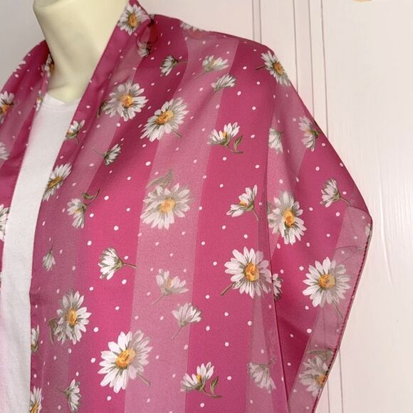 Vintage Pink Semi Sheer Polyester Long Scarf with White Daisy Print - Picture 2 of 6